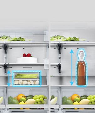 Inside view of an LG refrigerator with a bottle, a cake, vegetables, and a box with highlighted adjustable shelves.