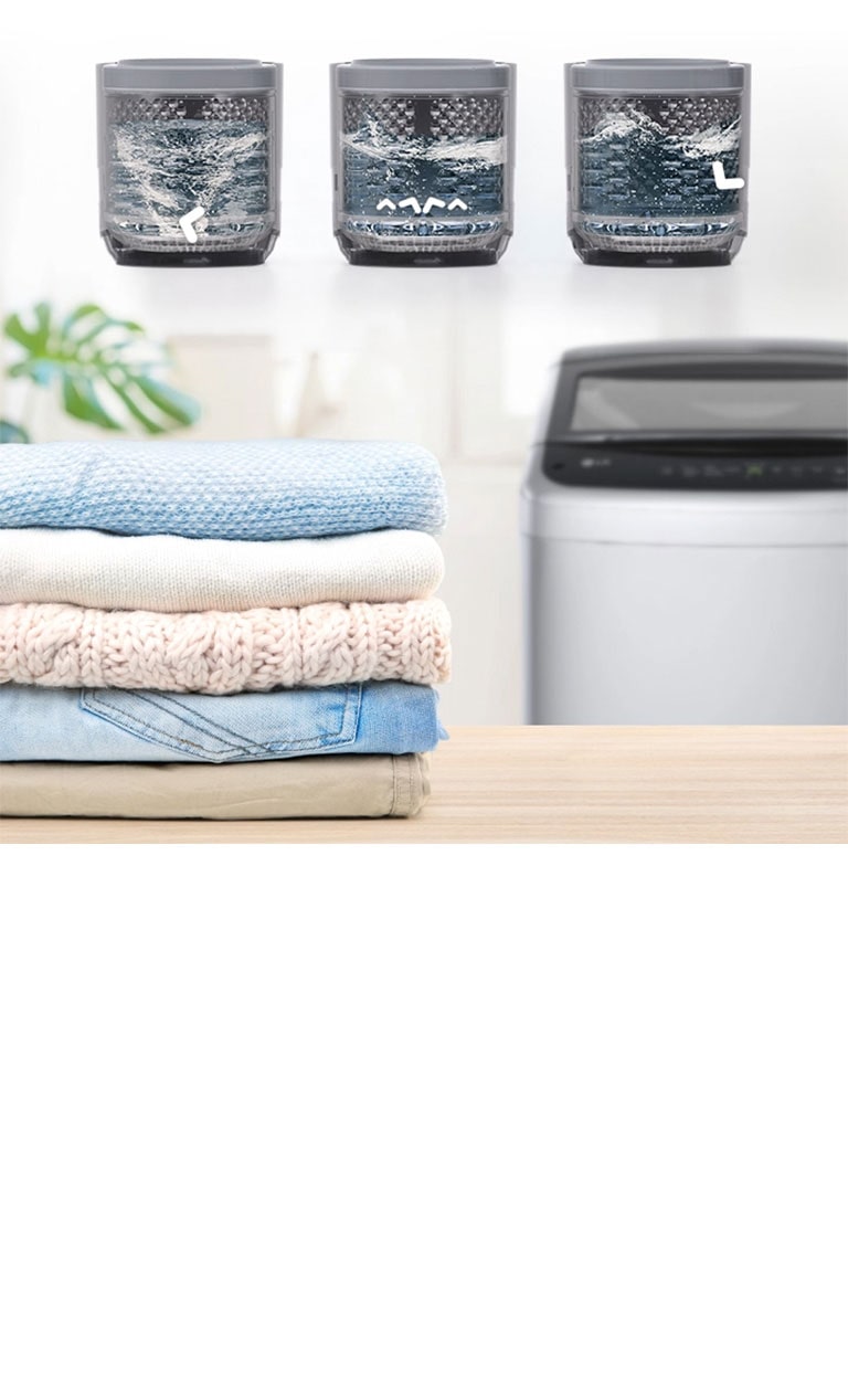 In the background, there is a washing machine, and in front, there is a clean laundry and a washing machine motion icon on it