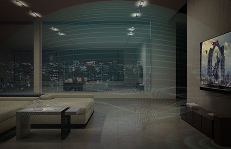 A image of TV playing with LG Soundbar showing the HD Music Streaming