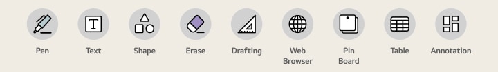 Pen, Text, Shape, Erase, Drafting, Web Browser, Pin Board, Table, Annotation