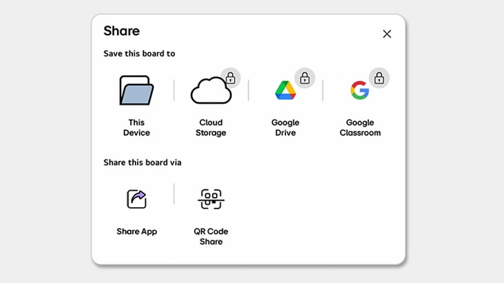 A view of the Share menu window used to save and share created content.