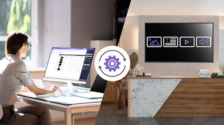 This image illustrates remote display control by an administrator through a cloud-based server.