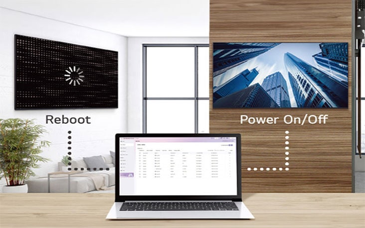 This image shows a laptop managing devices across various locations, demonstrating remote control capabilities.