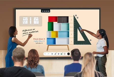 An illustration showing people collaborating through LG CreateBoard Lab across various devices in different situations, seamlessly continuing their work.