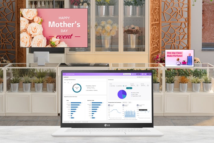 This image shows a laptop screen displaying the LG DOOH Ads’ Dashboard.	