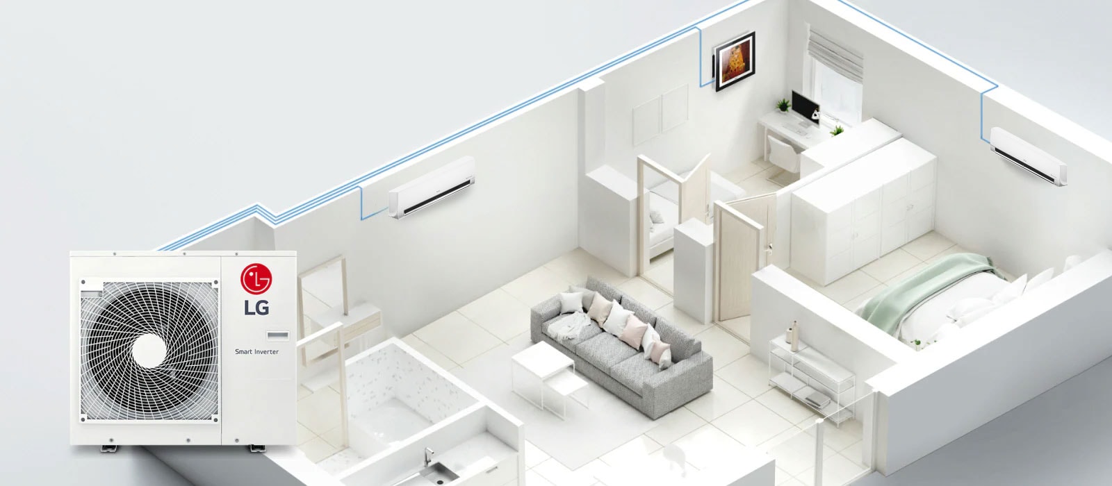 A sectional view of the house reveals blue pipelines from an LG Smart Inverter unit weaving around the house, linking three indoor units in each room.