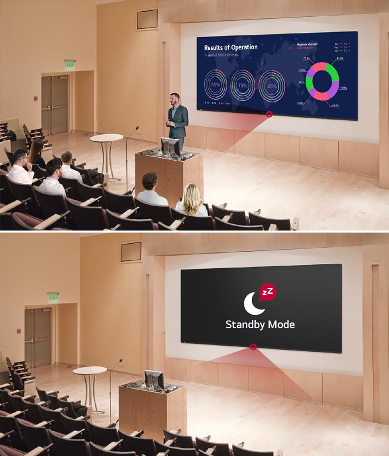 "A man is giving a speech in an auditorium where the 105BM5N is installed. 105BM5N's Proximity Sensor monitors for human activity, and when there is no one present, 105BM5N's power switches to Standby Mode."