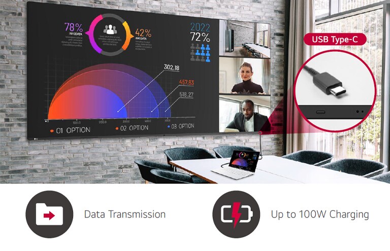 A laptop is connected to the 105BM5N in a meeting room. The 105BM5N supports USB Type-C, allowing simultaneous data transfer and charging through a single cable, promoting a seamless meeting environment.