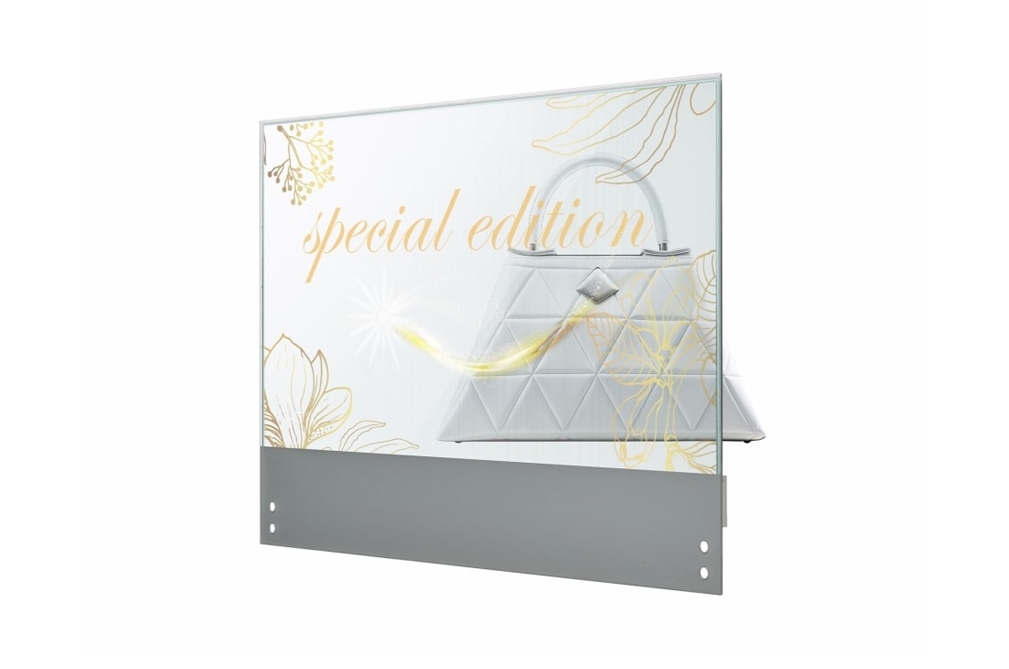 LG Transparent OLED Touch Signage, -45 degree side view with infill image, 30EW5TP-A