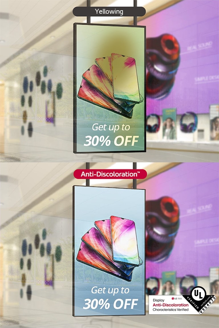 Comparison of yellowing and anti-discoloration display technology showing vibrant colours with up to 30% off.