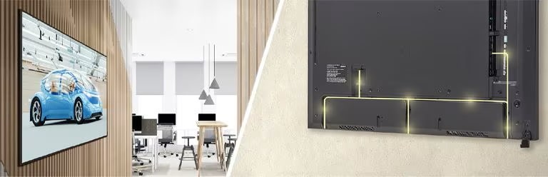 The UH7N-E with slim bezels is mounted close to the wall, showcasing a rear design that is optimized for space-saving with a simple cable management system.