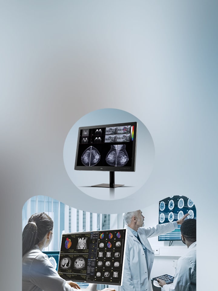 Medical professionals reviewing diagnostic images on high-resolution LG monitors in a clinical setting.