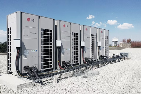 Collage of indoor spaces with LG HVAC solutions: an office with ceiling-mounted air conditioning, a bedroom with airflow from a wall unit, and a bathroom with heating equipment, illustrating comfort in different environments