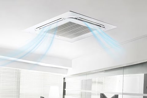 3D render of an LG ventilation system unit showing airflow. Warm air enters from the left and cool fresh air flows out from the right, illustrating heat exchange and ventilation inside the unit