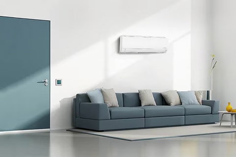 Indoor view of a café with a circular ceiling air conditioner