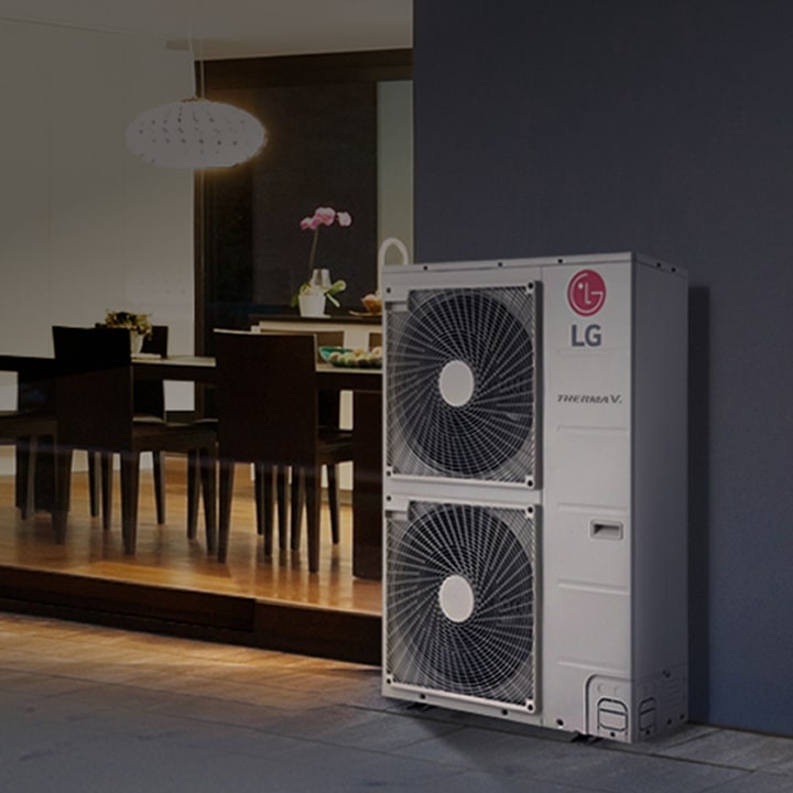 G HVAC outdoor unit installed next to a modern home garage with heat pump and boiler system inside