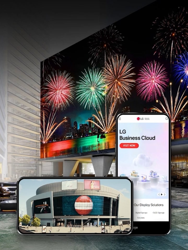 A promotional image for LG Digital Connect, featuring fireworks, digital signage displays, and a mobile interface for LG Business Cloud.