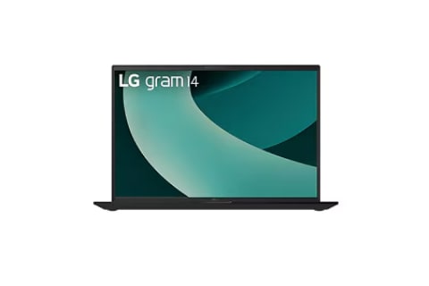 A laptop computer with a purple screen displaying the text “LG gram.”