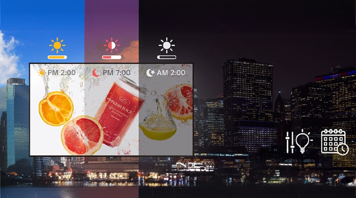 Over time, the signage brightness adapts to changes in external lighting. Users have the option to adjust it for increased brightness in strong sunlight and decreased brightness in darker conditions.