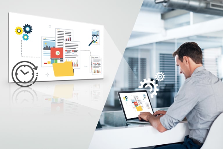 A man is checking a status of LG Commercial TV right away with Remote Diagnostics.