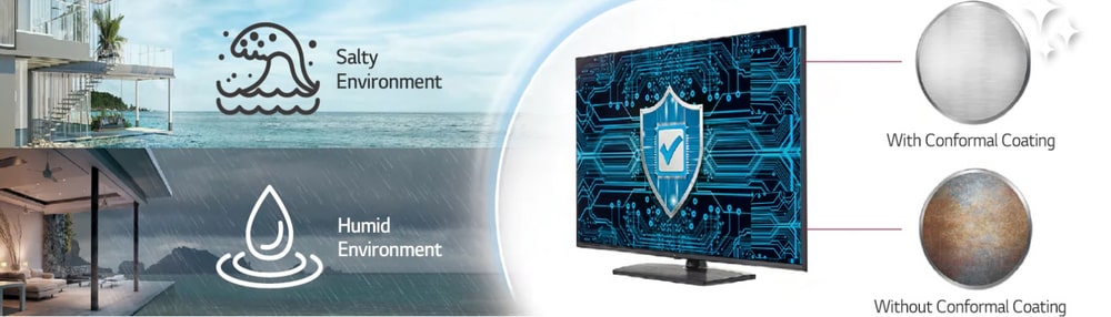 The UR series has Conformal Coating on the major circuit board (power board) to protect TVs even in a salty or humid environment.