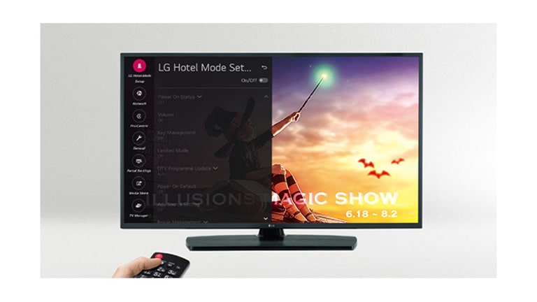 A person is controlling the TV settings with Public display mode.