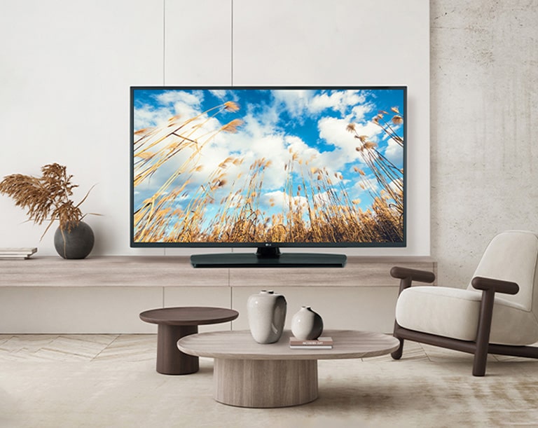 A TV on a hotel’s wall shows a bright and vivid screen.