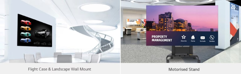 The LAEC installed on the wall of high-rise space with wall mounted. The LAEC’s have been installed along with the motorized stand in an event hall.