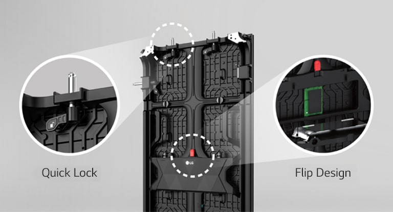 An enlarged view of the “Quick Lock” and “Flip Design” on the back of the cabinet.