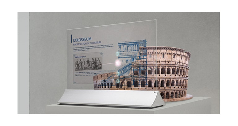 Information about the Colosseum is shown on the Transparent OLED screen set up in front of the Colosseum model.