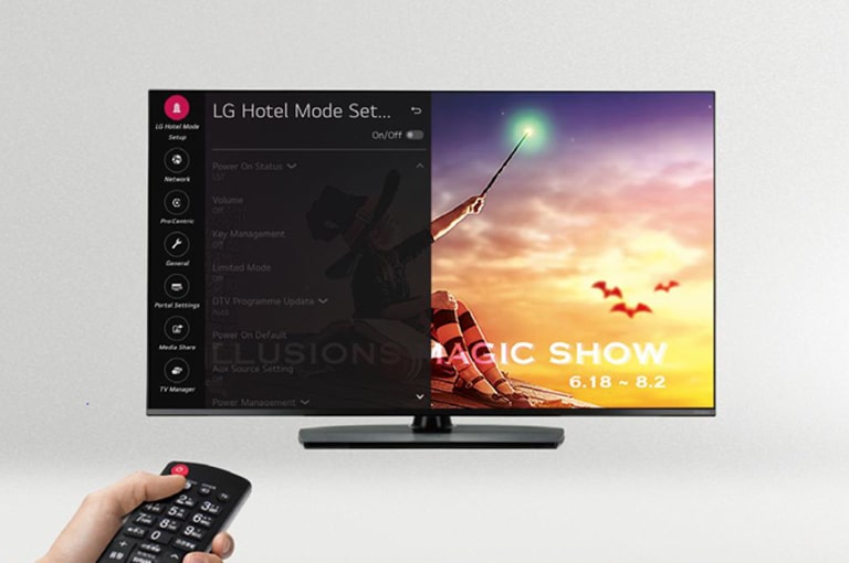 A person is controlling the TV settings with Public Display Mode.