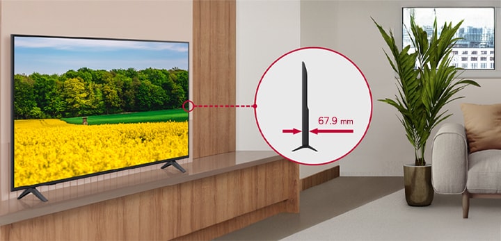 The UA7841C is seamlessly installed in the hotel room, and a side view is shown to highlight its slim design.