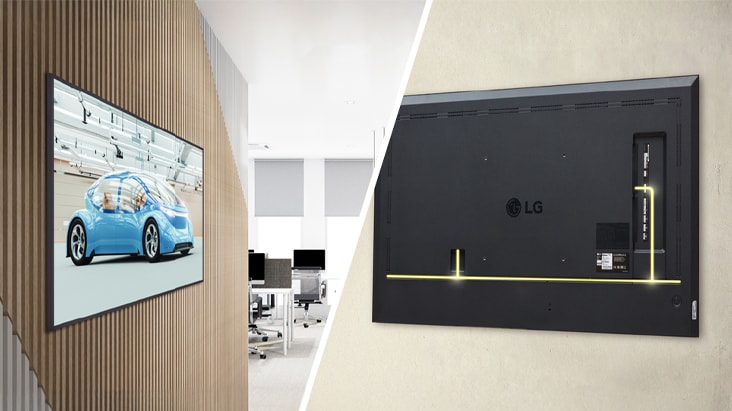 The UH7Q, with slim bezels, is mounted close to the wall, showcasing a rear design optimized for space-saving with a simple cable management system.