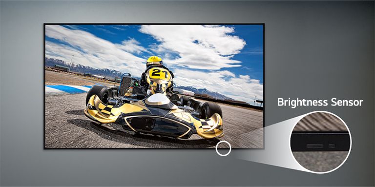 A UL3Q is mounted on the wall, with a close-up of the brightness sensor located on the lower front of the display.