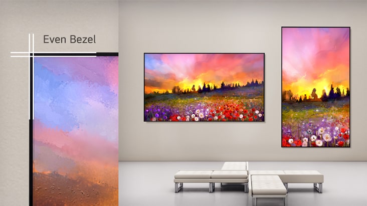 One UL5Q-M is mounted on the wall in landscape orientation, and the other in portrait orientation, with an enlarged image showing the uniform bezel thickness of the UL5Q-E.