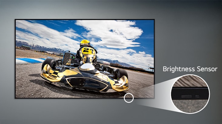 A UL5Q-M is mounted on the wall, with a close-up of the brightness sensor located on the lower front of the display.