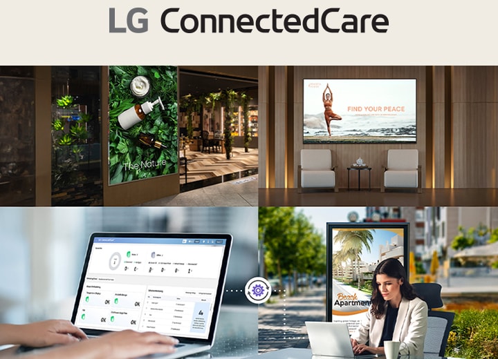 Esta é uma imagem de exemplo que mostra um administrador monitorando e gerenciando sinalização digital interna e externa usando a solução LG ConnectedCare.