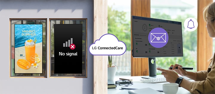 Uma imagem de exemplo mostra como os usuários podem definir valores limites para dispositivos nas configurações de monitoramento da solução LG ConnectedCare. Se um limite for excedido, um usuário designado receberá uma notificação de erro por e-mail.