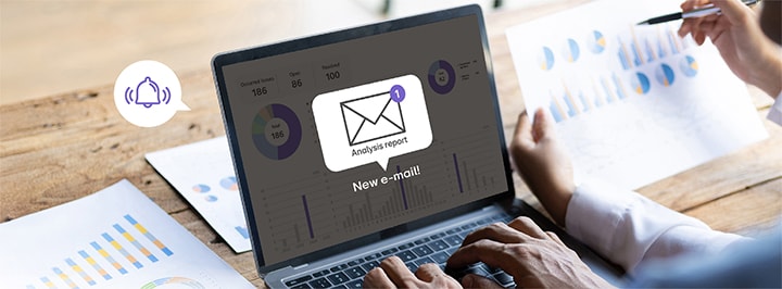 Uma imagem de exemplo demonstra como os usuários recebem um relatório de análise de sinalização por e-mail por meio da solução LG ConnectedCare.