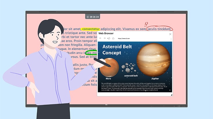 Uma ilustração de um usuário utilizando o recurso Navegador da Web para pesquisar informações adicionais enquanto visualiza o conteúdo existente.