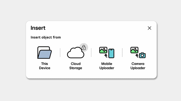 Uma visualização da janela do menu Inserir, utilizada para adicionar conteúdo.