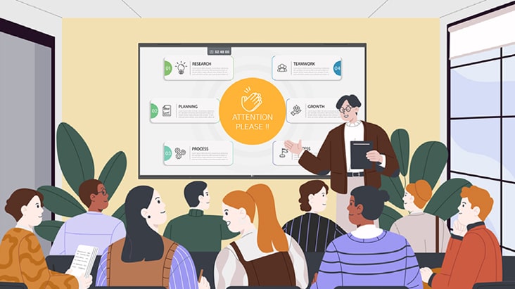 Um apresentador usando a função de gesto para focar a atenção do público.