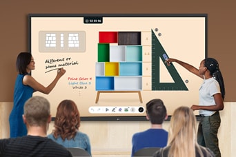 Uma ilustração que mostra pessoas colaborando por meio do LG CreateBoard Lab em vários dispositivos e em diferentes situações, continuando seu trabalho sem problemas.