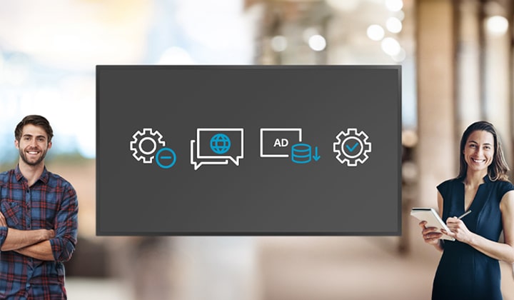 Essa imagem mostra um homem e uma mulher ao lado de um monitor que exibe as opções de anúncios programáticos do LG DOOH Ads, destacadas por ícones simples. Ele indica que os usuários podem definir preferências como filtragem de conteúdo, configurações de idioma, configurações de preço mínimo e aprovação de conteúdo.	