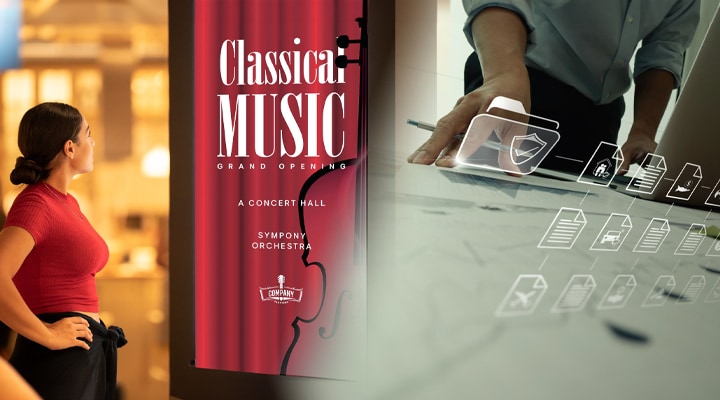 À esquerda, uma mulher assiste a uma tela de sinalização digital que exibe um anúncio de um concerto de música clássica, enquanto, à direita, outra pessoa verifica os dados de atenção.