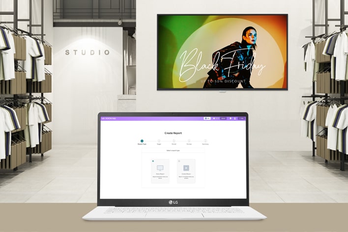 Essa imagem mostra a tela de um laptop com relatórios do LG DOOH Ads.	