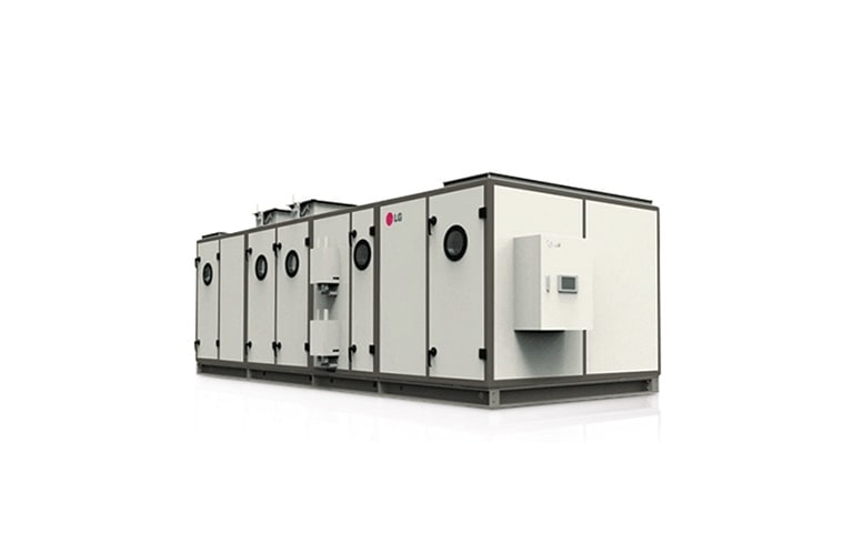 Uma grande unidade LG Air Handler (AHU) em formato de caixa está em exibição.
