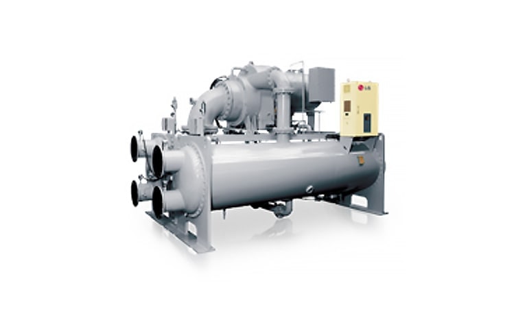 O Chiller Centrífugo de Armazenamento Térmico LG Chiller, apresentado em um tom cinza claro, consiste em uma série de conjuntos de tubos lineares e cilíndricos.