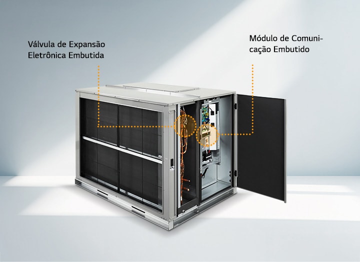 A unidade LG é mostrada com uma porta aberta, revelando o EEV e o módulo de comunicação integrados, indicados pelas etiquetas “Built-in EEV” à esquerda e “Built-in Comm. Module” à direita.