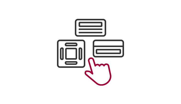 Um ícone que ilustra a adaptabilidade da unidade interna da LG com várias opções de espaço, destacado por vários componentes de ar condicionado e uma mão selecionando-os.